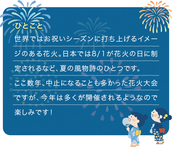 世界ではお祝いシーズンに打ち上げるイメージのある花火。日本では8/1が花火の日に制定されるなど、夏の風物詩のひとつです。ここ数年、中止になることも多かった花火大会ですが、今年は多くが開催されるようなので楽しみです!
