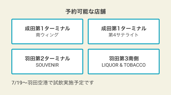 予約可能な店舗 成田第1 南ウィング、成田第1 第4サテライト、羽田第2 SOUVENIR、羽田第3南側 LIQUOR & TOBACCO ※7/19～羽田空港で試飲実施予定です