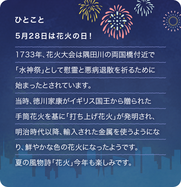 5月28日は花火の日! 1733年、花火大会は隅田川の両国橋付近で「水神祭」として慰霊と悪病退散を祈るために始まったとされています。当時、徳川家康がイギリス国王から贈られた手筒花火を基に「打ち上げ花火」が発明され、明治時代以降、輸入された金属を使うようになり、鮮やかな色の花火になったようです。夏の風物詩「花火」今年も楽しみです。